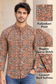 Beige Full Sleeve Kalamkari Print Raglan Men's Shirt 10077848 
