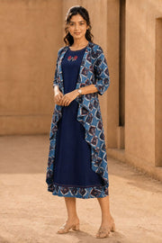 Blue Hand Embroidered Cotton Dress with Jacket 10077640