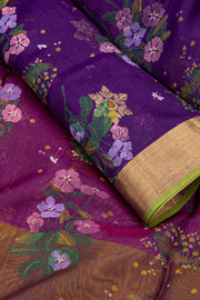 Purple Chanderi Printed Silk Cotton Saree 10077361