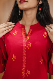 Red Hand Embroidered Cotton Kurta 10062687