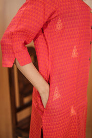 Reddish Orange Hand Embroidered Cotton Kurta 10062692