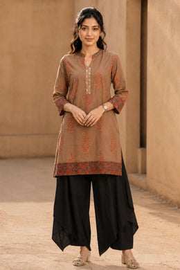Brown Hand Block Printed Cotton Kurta & Pant Set 10077617
