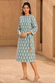 Sage Green Hand Block Printed Cotton Dress 10077620