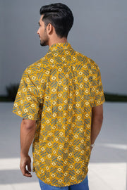 Mustard Yellow Half Sleeve Ajrakh Printed Cotton Mens Shirt 10071098