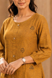 Ochre Yellow Hand Embroidered Cotton Kurta 10077644