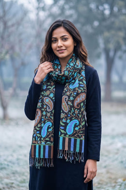 Black Kani Printed Soft Silk Unisex Stole 10077884