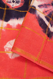 Orange and Navy Blue Checked Tie-Dye Sungudi Cotton Saree 10078009