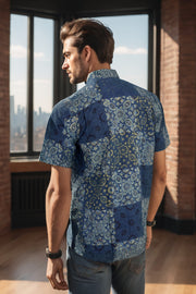 Blue Half Sleeve Ajrakh Printed Cotton Mens Shirt 10072713