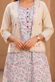 Offwhite Hand Block Printed Cotton Dress With Coat 10077615