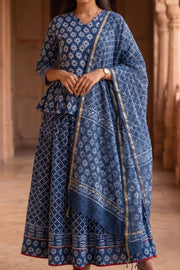 Blue Hand Block Printed Chaniya Choli with Kota Doria Dupatta 10066321