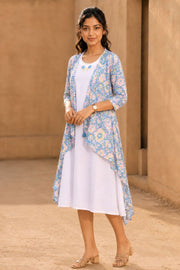 White Embroidered Midi Coat Cotton Dress With Printed Jacket 10077648