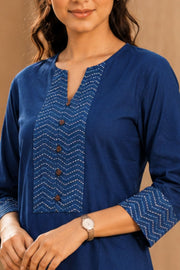 Blue Hand Block Cotton Kurta with Embroidered Yoke 10077660