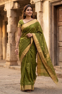 Green Hand Block Printed Chanderi Saree 10030043