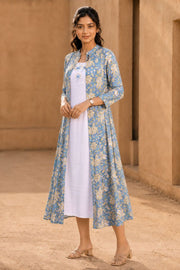 White Embroidered Midi Coat Cotton Dress with Blue Jacket 10077646