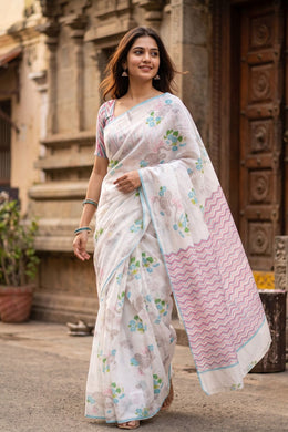 Off White Printed Chanderi Saree 10064655
