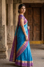 Anandha Blue Kanjivaram Pure Silk Saree With Kodimalar Border 10077892