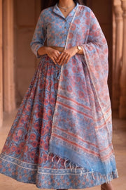 Blue Hand Block Printed Chaniya Choli With Kota Doria Dupatta  10066331