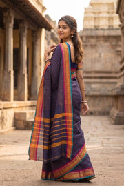 Navy Blue Handloom Chettinad Cotton Saree 10077301