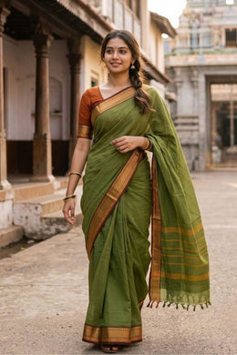Leaf Green Handloom Chettinad Cotton Saree 10077341