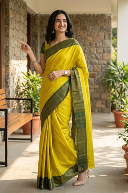Lime Yellow Kanjivaram Vegan Silk Saree 10077091