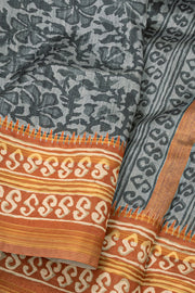 Dark Grey Printed Semi Tussar Silk Saree 10077231