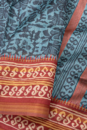 Aqua Blue Printed Semi Tussar Silk Saree 10077232