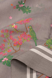 Grey Parrot Motifs Chanderi Printed Silk Cotton Saree 10077357
