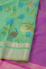 Green Bird Motifs Chanderi Printed Silk Cotton Saree 10077370