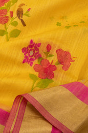 Yellow Floral Motifs Chanderi Printed Silk Cotton Saree 10077374