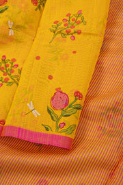 Yellow Floral Motifs Chanderi Printed Silk Cotton Saree 10077380