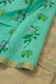 Light Teal Blue Chanderi Printed Silk Cotton Saree 10077383