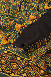 Forest Green Ajrakh Printed Mulmul Cotton Saree 10077399