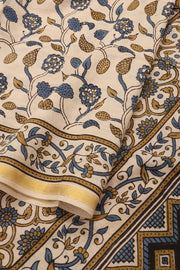 Cream Ajrakh Printed Mulmul Cotton Saree With Floral Border 10077400