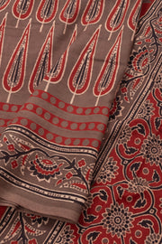 Brown Ajrakh Printed Mulmul Cotton Saree With Floral Border 10077402