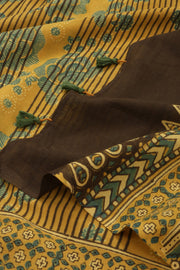 Yellow Ajrakh Printed Mulmul Cotton Saree 10077407