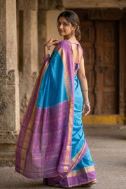 Anandha Blue Kanjivaram Pure Silk Saree With Kodimalar Border 10077892