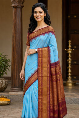 Ice Blue Gadwal Kuttu Handloom Silk Saree With Meroon Zari Border and Pallu 10077200