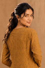 Ochre Yellow Hand Embroidered Cotton Kurta 10077644