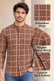 Brown Full Sleeve Kalamkari Print Raglan Men's Shirt 10077846