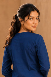 Blue Hand Block Cotton Kurta with Embroidered Yoke 10077660