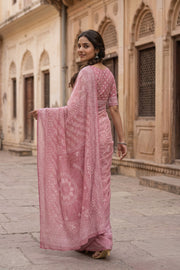 Dusty Rose Chikankari Embroided Organza Saree 10078115