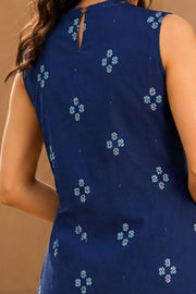 Navy Blue Handloom Cotton Dress with High Neck Design 10077635