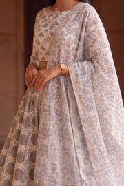 Mist Grey Hand Block Printed Cotton Chaniya Choli With Kota Doria Dupatta 10066312