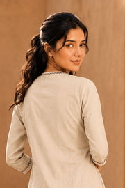 Beige Hand Embroidered Cotton Kurta 10077658