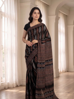 Ink Black Ajrakh Printed Mulmul Cotton Saree With Geometric Border 10076516