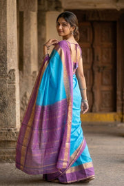 Anandha Blue Kanjivaram Pure Silk Saree With Kodimalar Border 10077892