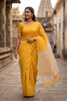 Yellow Handloom Printed Chanderi Saree 10071056