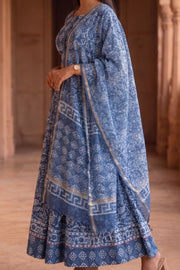 Blue Hand Block Printed Cotton Chaniya Choli With Kota Doria Dupatta 10066326