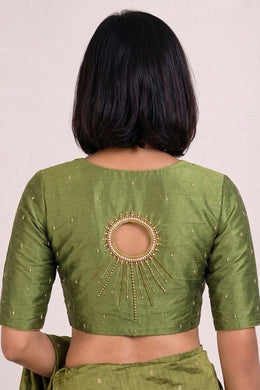 Olive Green Aari Embroidered Tussar Silk Blouse 10077735