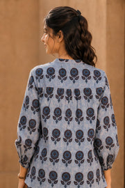 Denim Blue Hand Block Printed Cotton Kurti & Pant Set 10077652
